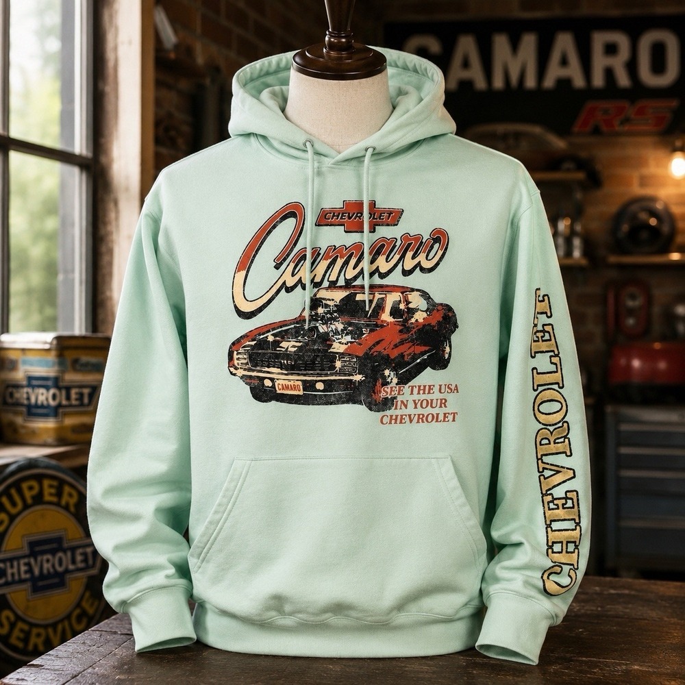 GM Chevrolet Camaro Hoodie Mens XL Mint Green Pullover Graphic Muscle Car Fleece